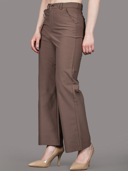 Women's brown high-rise flared stretchable trousers
