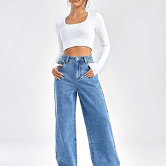 Women's light blue high-rise stretchable baggy jeans.