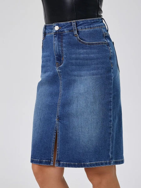 Women’s Blue Denim Front-Slit Above-Knee Skirt