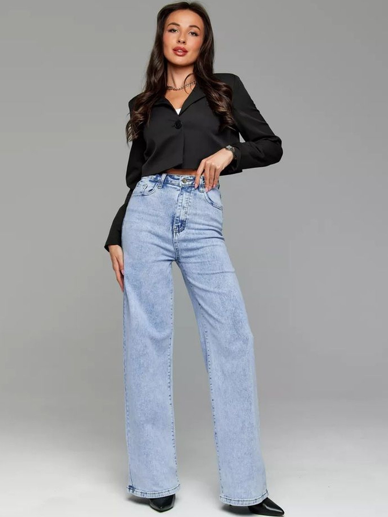 Women's light blue wide leg high-rise stretchable jeans with light fade detailing.