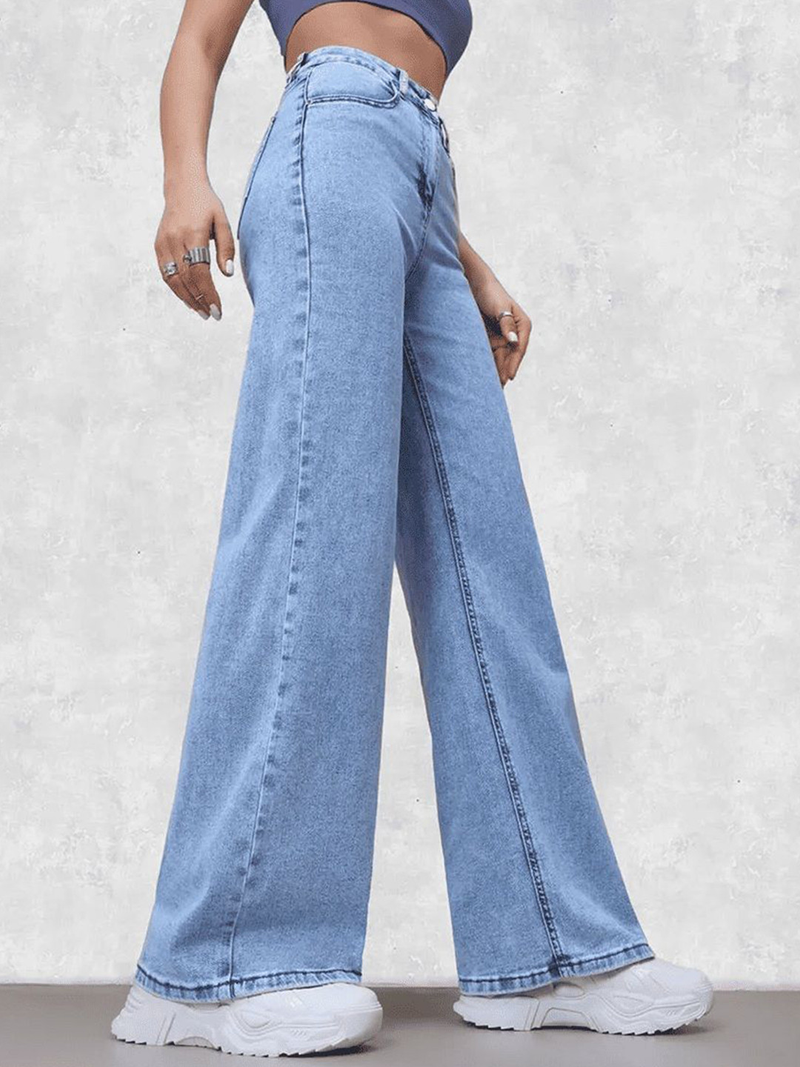Women's straight fit high-rise highly distressed stretchable jeans.