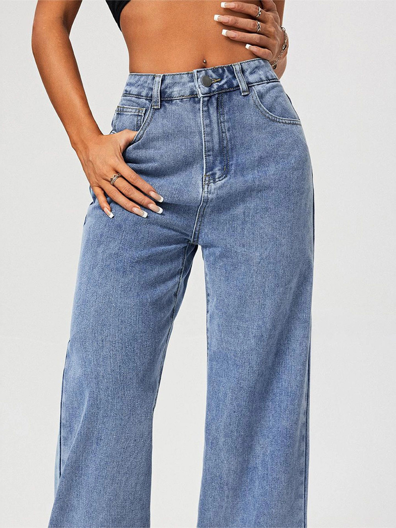 Women's light blue high-rise stretchable flared baggy jeans.