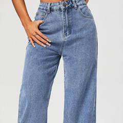 Women's light blue high-rise stretchable flared baggy jeans.